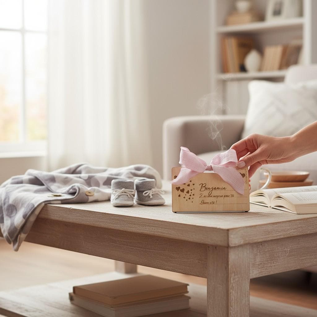 Carte cadeau enveloppe surprise annonce grossesse Landau, en bois gravé