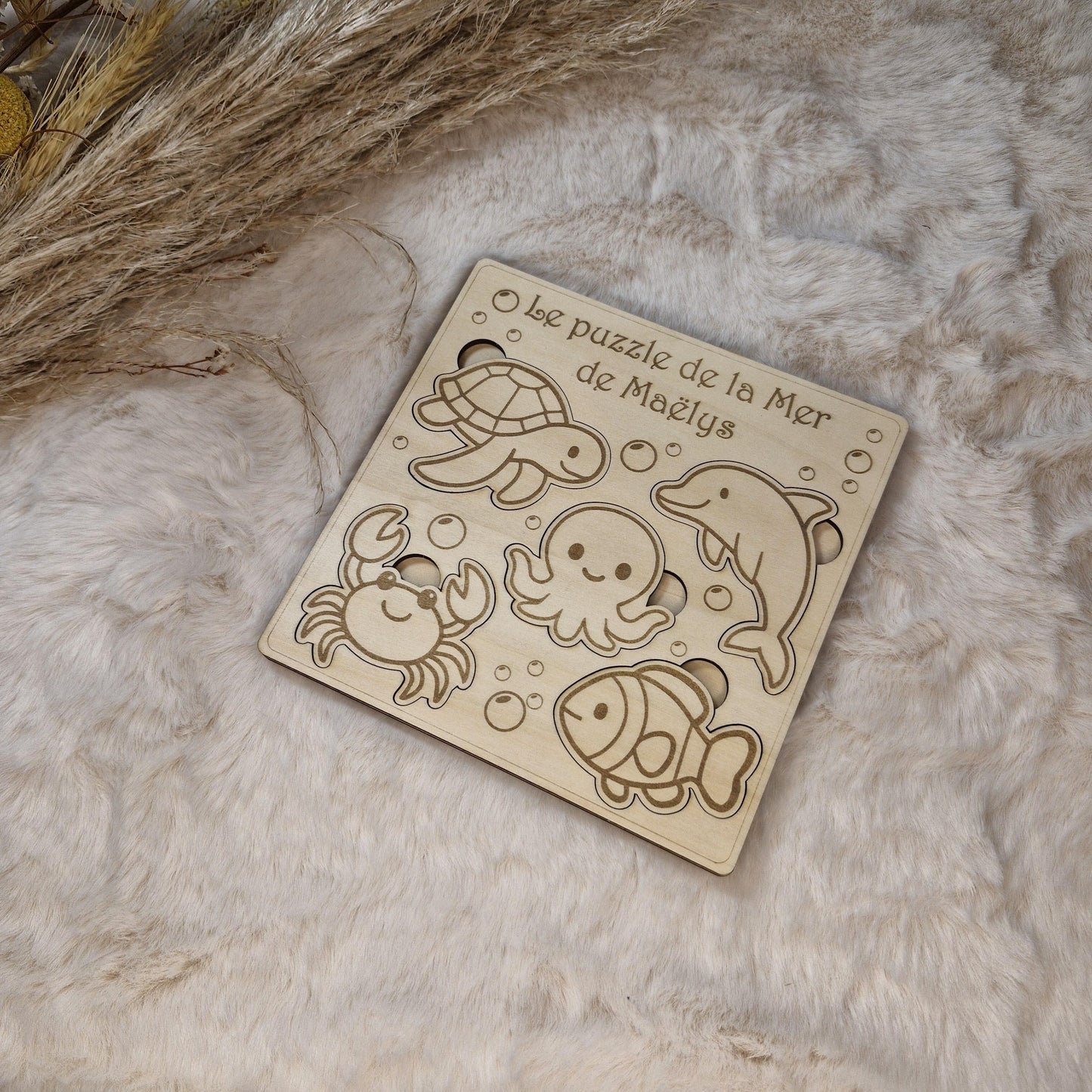 Puzzle bois personnalisé Animaux de la mer pour enfant bébé, jeu éducatif et d'éveil - Idée cadeau garçon et fille