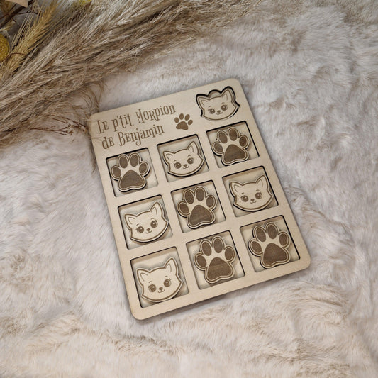 Jeu de morpion Tic Tac Toe pour enfant en bois gravé - décor Chat