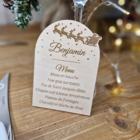 Mini-menu de Noël - Marque-place personnalisé, en bois gravé - décor Traîneau du Père Noël
