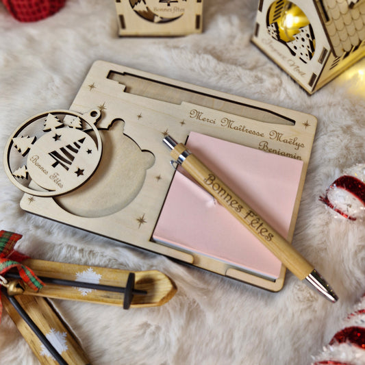 Porte bloc note - support Post-it en bois personnalisé avec boule de Noël | Décoration de sapin - décor Sapin design
