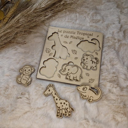 Puzzle bois personnalisé Animaux tropicaux pour enfant bébé, jeu éducatif et d'éveil - Idée cadeau garçon et fille