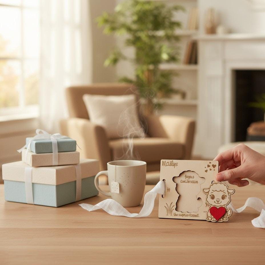 Carte cadeau surprise en bois gravé, décor animal pour enfant