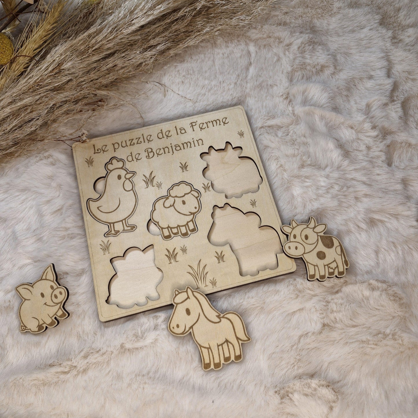 Puzzle bois personnalisé Animaux de la ferme pour enfant bébé, jeu éducatif et d'éveil - Idée cadeau garçon et fille