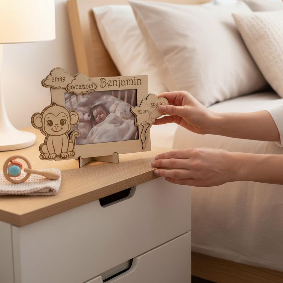 Cadre photo personnalisé en bois gravé – décor animal gravé pour enfant