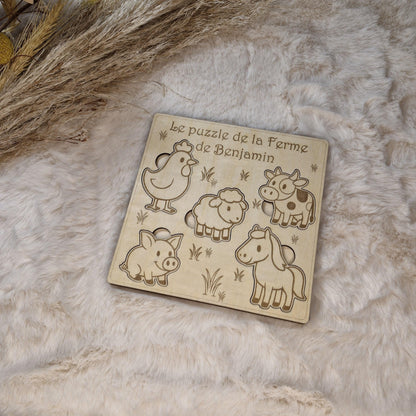 Puzzle bois personnalisé Animaux de la ferme pour enfant bébé, jeu éducatif et d'éveil - Idée cadeau garçon et fille