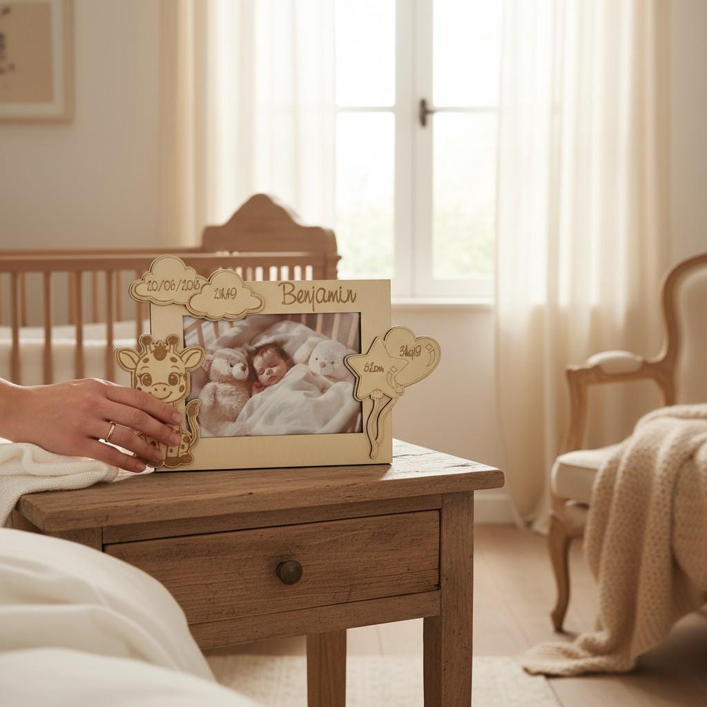 Cadre photo personnalisé en bois gravé – décor animal gravé pour enfant