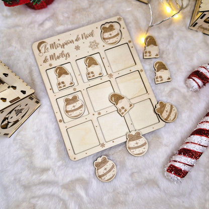 Jeu de morpion Tic Tac Toe de Noël pour enfant en bois gravé - décor Gnome