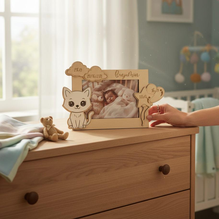 Cadre photo personnalisé en bois gravé – décor animal peint pour enfant