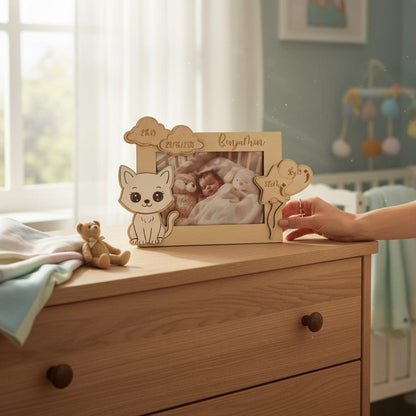 Cadre photo personnalisé en bois gravé – décor animal peint pour enfant