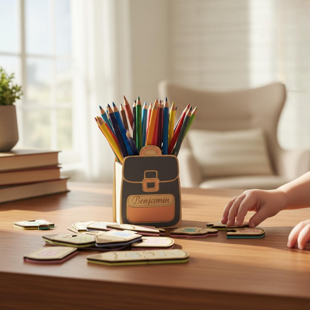 Pot à crayons et stylos en bois, cadeau pour enfants, décor cartable