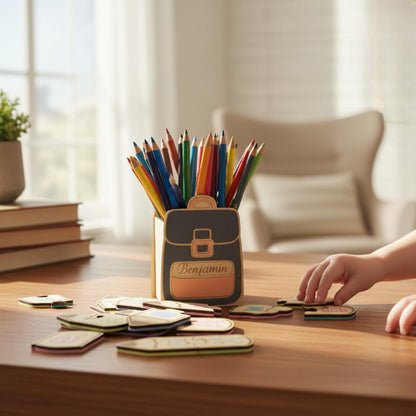 Pot à crayons et stylos en bois, cadeau pour enfants, décor cartable