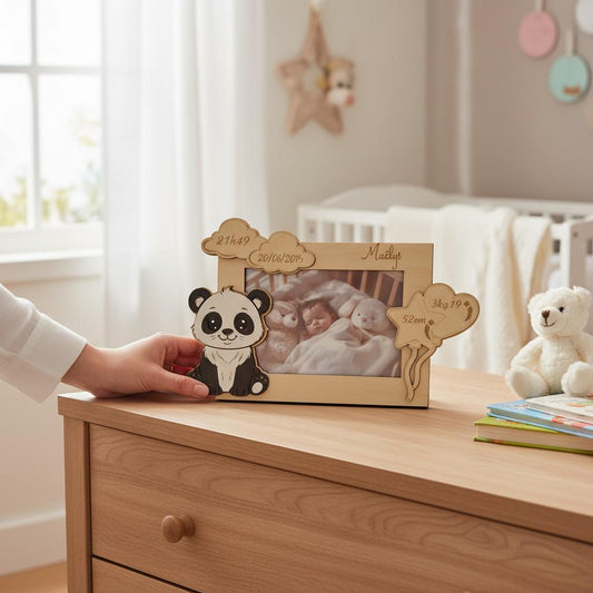 Cadre photo personnalisé en bois gravé – décor animal peint pour enfant