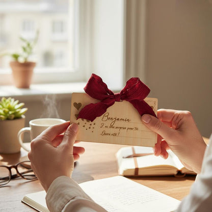 Carte cadeau enveloppe surprise annonce grossesse Biberon & Body, en bois gravé