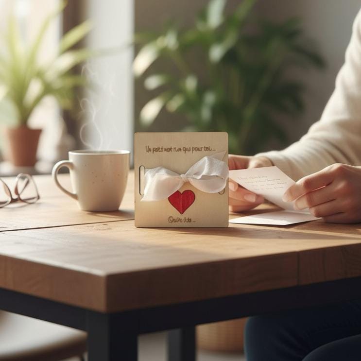 Carte cadeau surprise en bois gravé, décor animal pour enfant