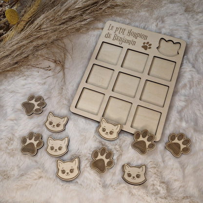 Jeu de morpion Tic Tac Toe pour enfant en bois gravé - décor Chat