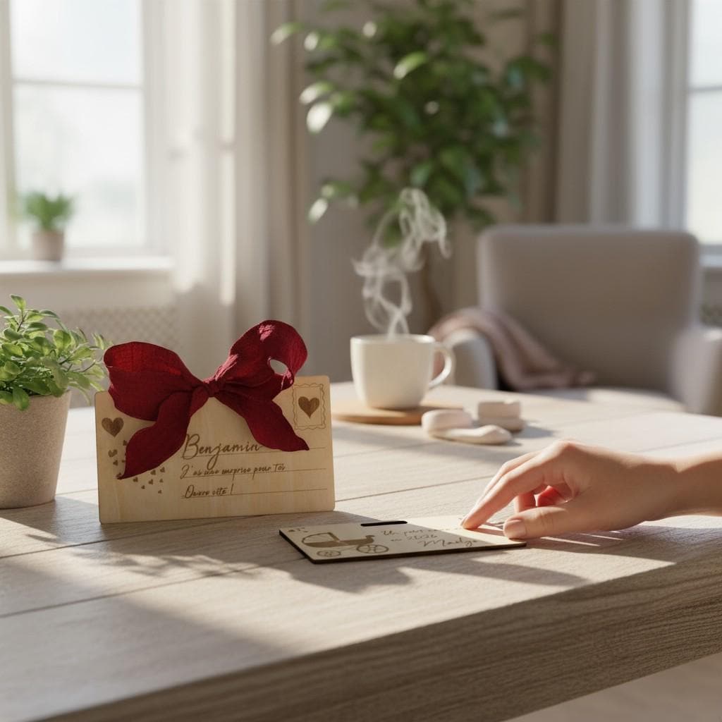 Carte cadeau enveloppe surprise annonce grossesse Landau, en bois gravé