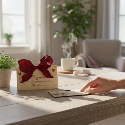 Carte cadeau enveloppe surprise annonce grossesse Landau, en bois gravé