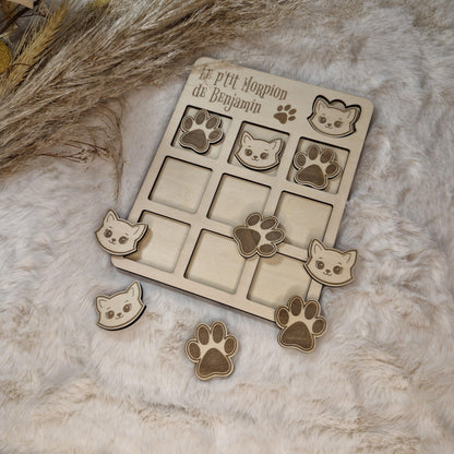 Jeu de morpion Tic Tac Toe pour enfant en bois gravé - décor Chat