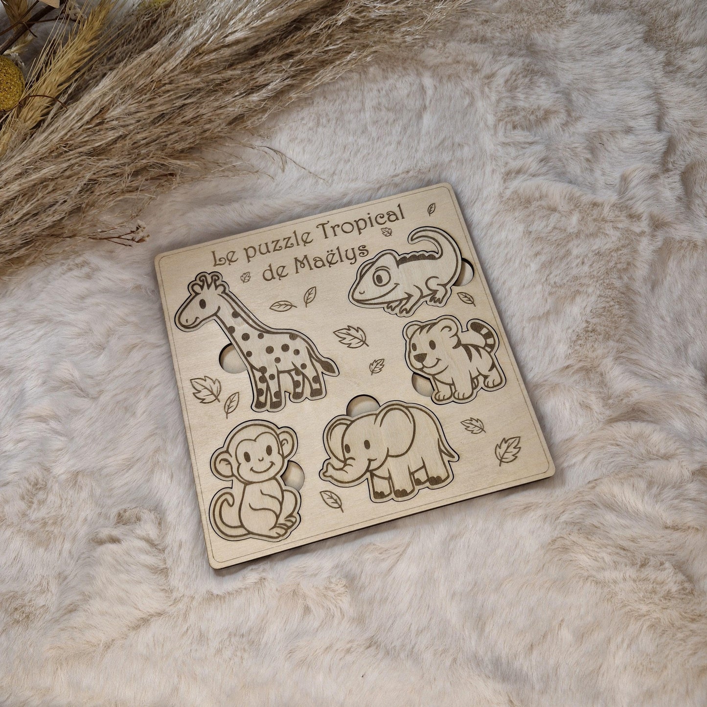 Puzzle bois personnalisé Animaux tropicaux pour enfant bébé, jeu éducatif et d'éveil - Idée cadeau garçon et fille