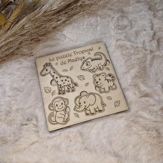Puzzle bois personnalisé Animaux tropicaux pour enfant bébé, jeu éducatif et d'éveil - Idée cadeau garçon et fille