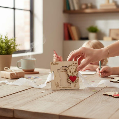 Carte cadeau surprise en bois gravé, décor animal pour enfant
