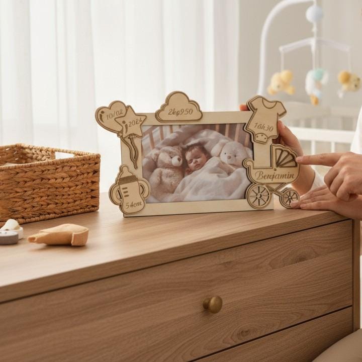 Cadre photo personnalisé en bois gravé – décor biberon et landau pour enfant