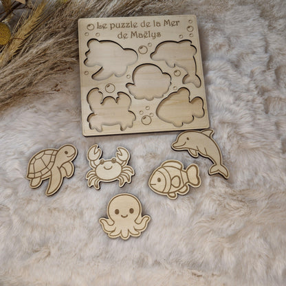 Puzzle bois personnalisé Animaux de la mer pour enfant bébé, jeu éducatif et d'éveil - Idée cadeau garçon et fille