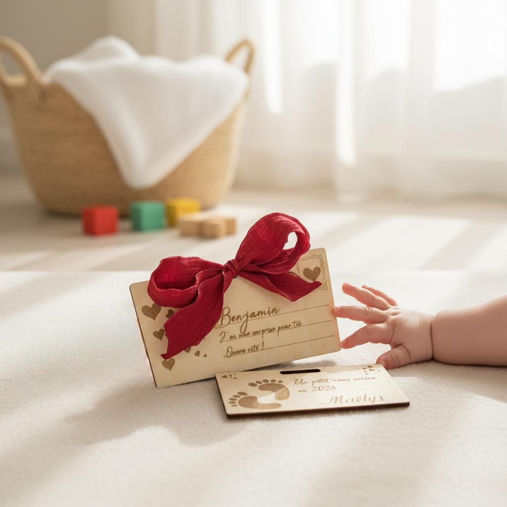 Carte cadeau enveloppe surprise annonce grossesse Petits petons, en bois gravé
