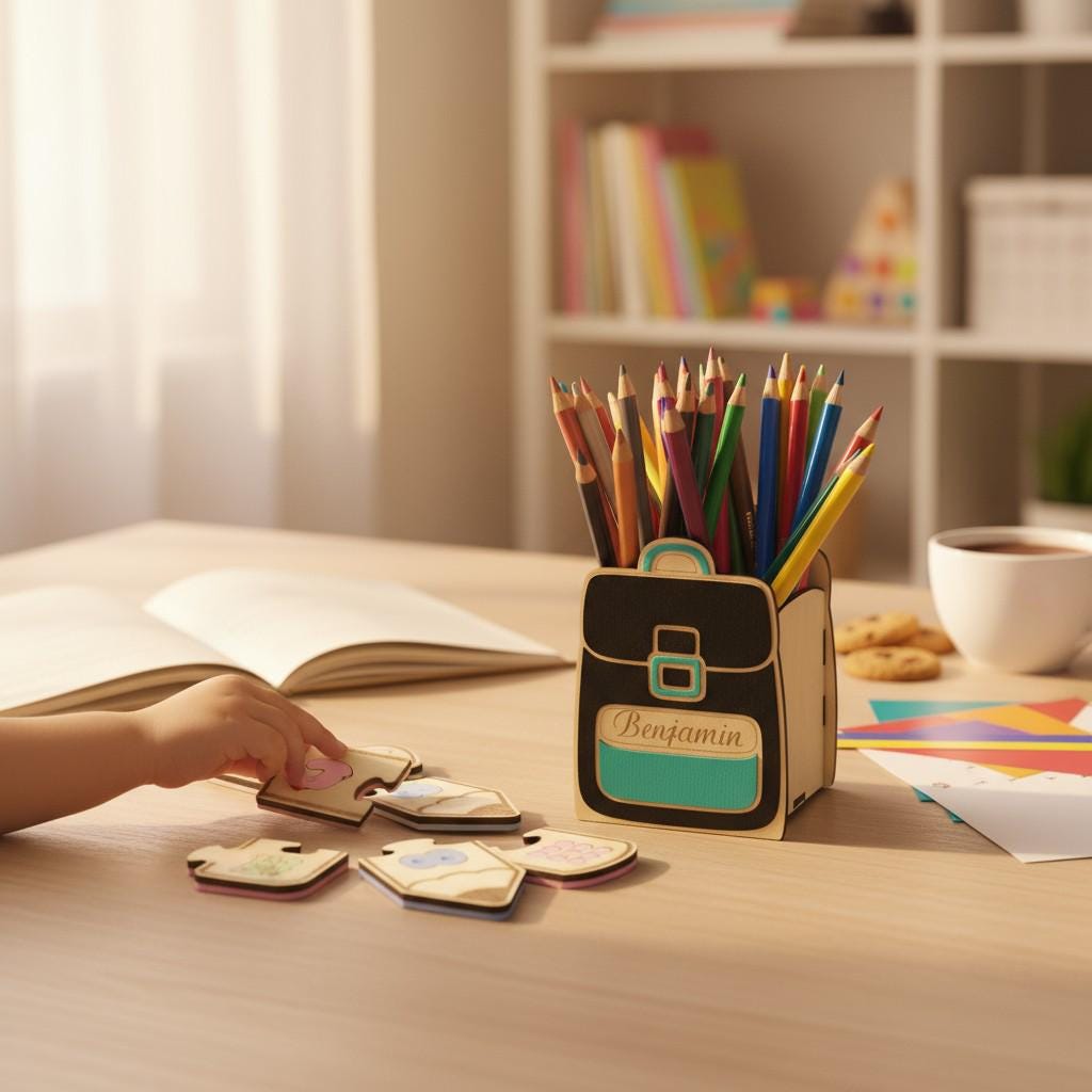 Pot à crayons et stylos en bois, cadeau pour enfants, décor cartable