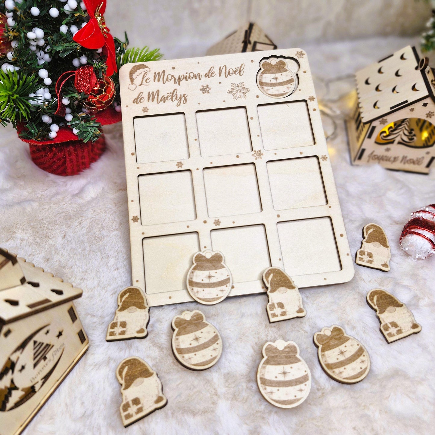 Jeu de morpion Tic Tac Toe de Noël pour enfant en bois gravé - décor Gnome