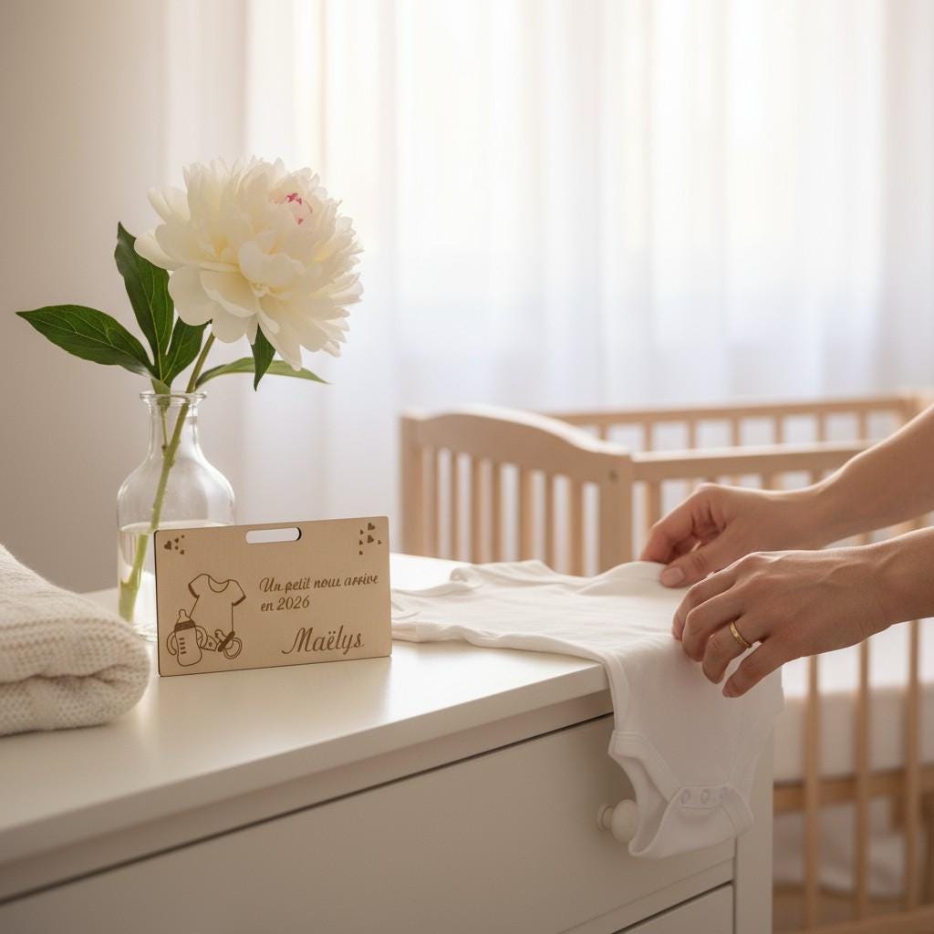 Carte cadeau enveloppe surprise annonce grossesse Biberon & Body, en bois gravé