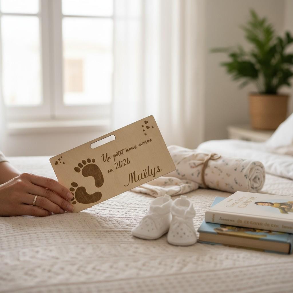 Carte cadeau enveloppe surprise annonce grossesse Petits petons, en bois gravé