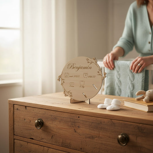 Porte bracelet de naissance personnalisé, carte en bois gravé | Souvenir de bébé maternité - décor Petites fleurs