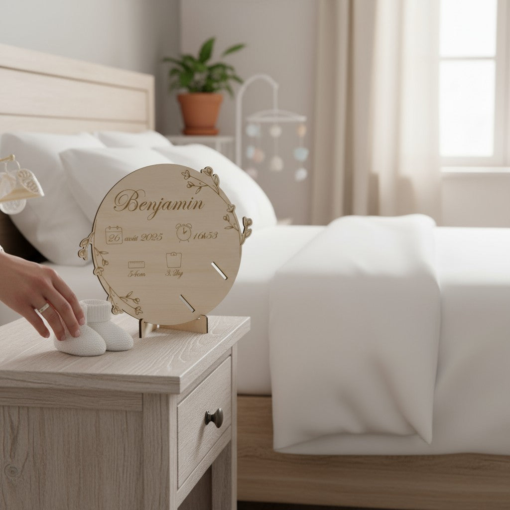 Porte bracelet de naissance personnalisé, carte en bois gravé | Souvenir de bébé maternité - décor Petites fleurs