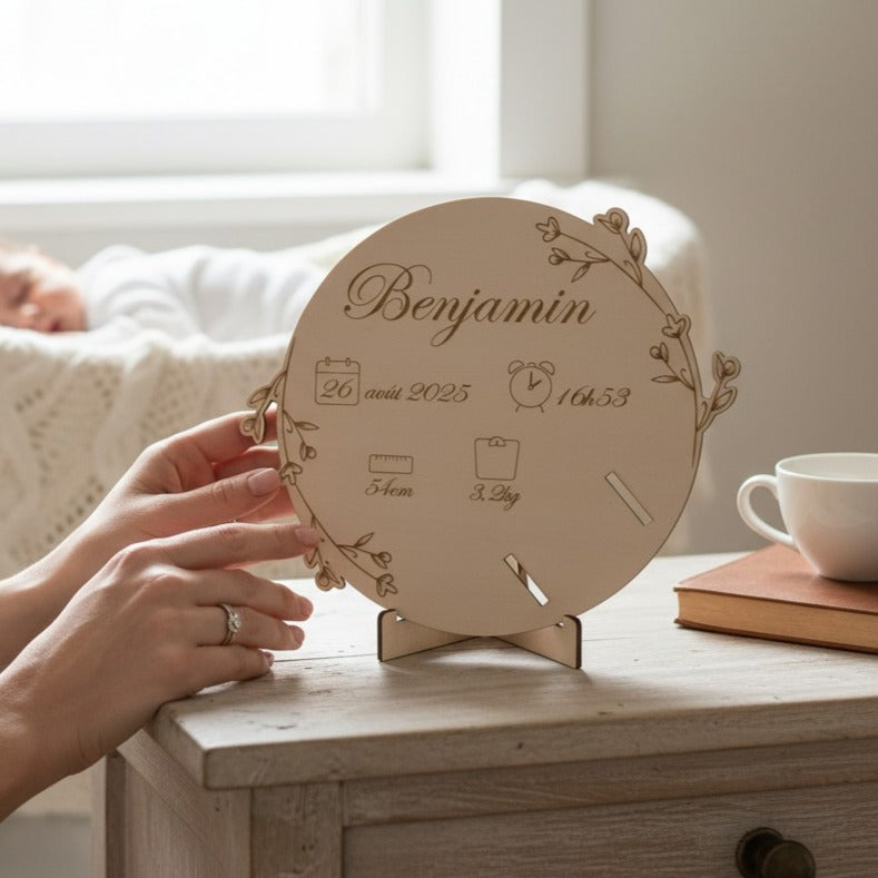 Porte bracelet de naissance personnalisé, carte en bois gravé | Souvenir de bébé maternité - décor Petites fleurs