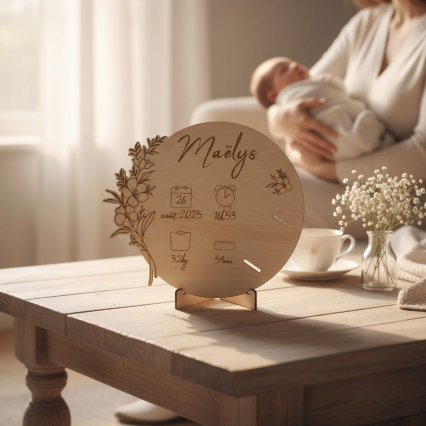 Porte bracelet de naissance personnalisé, carte en bois gravé | Souvenir de bébé maternité - décor Grandes fleurs