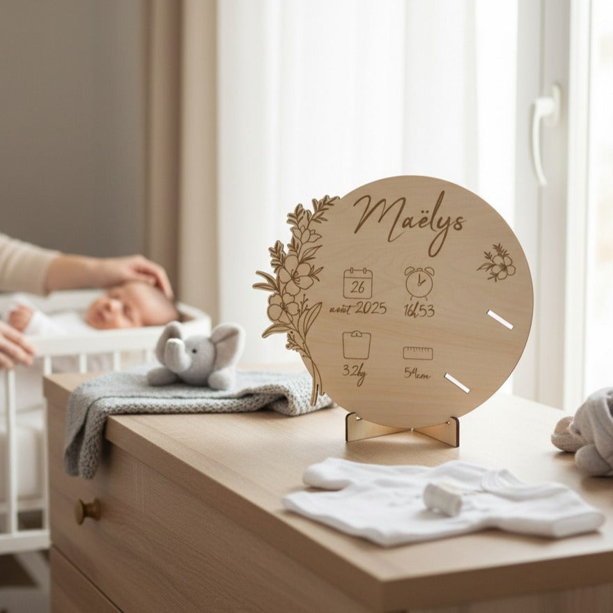 Porte bracelet de naissance personnalisé, carte en bois gravé | Souvenir de bébé maternité - décor Grandes fleurs
