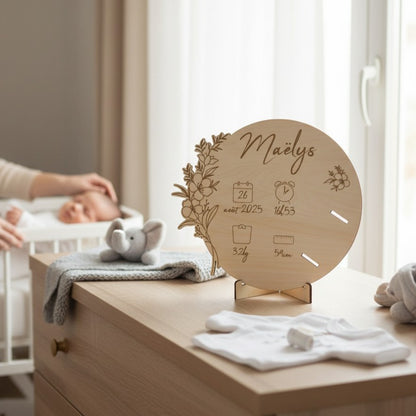 Porte bracelet de naissance personnalisé, carte en bois gravé | Souvenir de bébé maternité - décor Grandes fleurs
