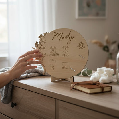 Porte bracelet de naissance personnalisé, carte en bois gravé | Souvenir de bébé maternité - décor Grandes fleurs
