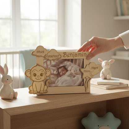 Cadre photo personnalisé en bois gravé – décor animal gravé pour enfant