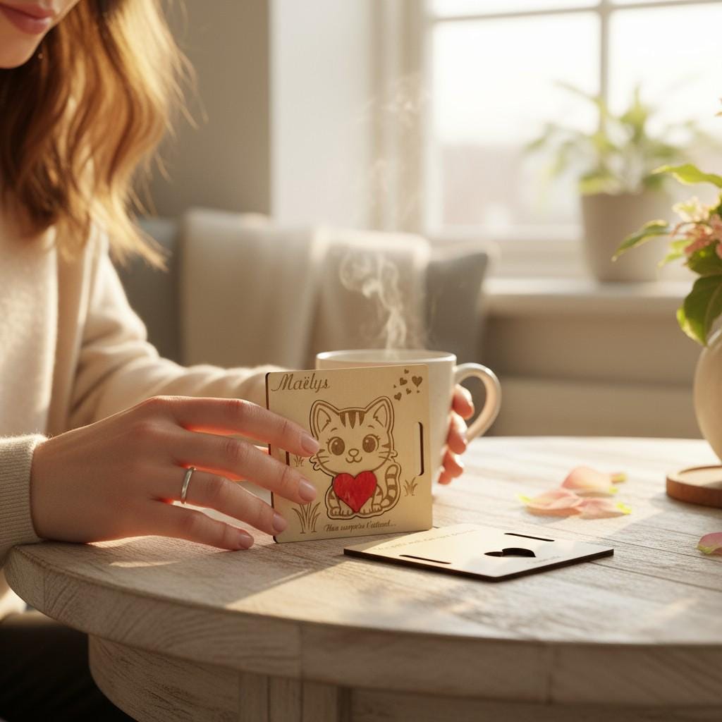 Carte cadeau surprise en bois gravé, décor animal pour enfant