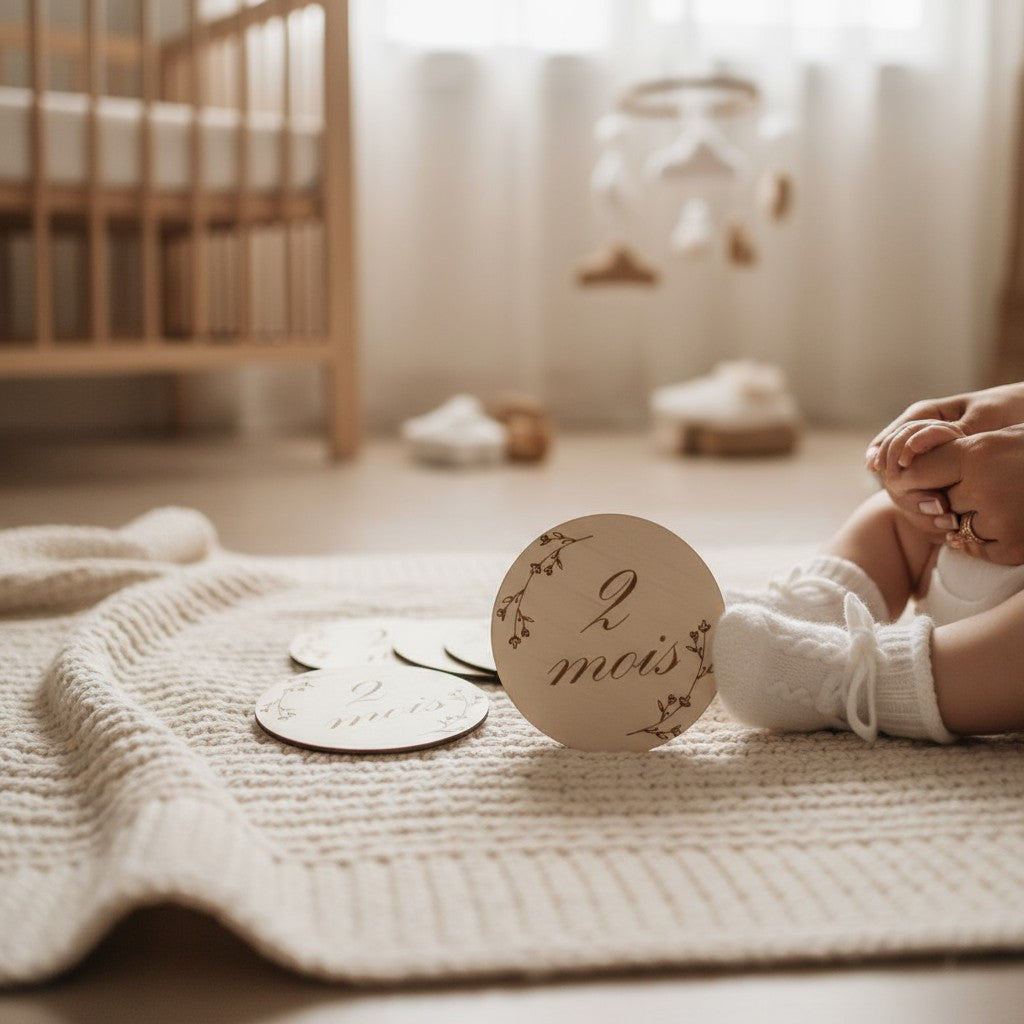Cartes étapes personnalisées en bois gravé | Souvenir de bébé - mes premiers mois