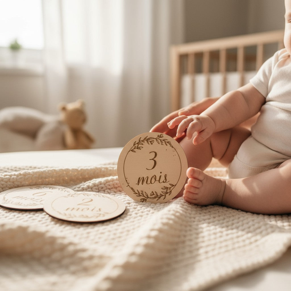 Cartes étapes personnalisées en bois gravé | Souvenir de bébé - mes premiers mois