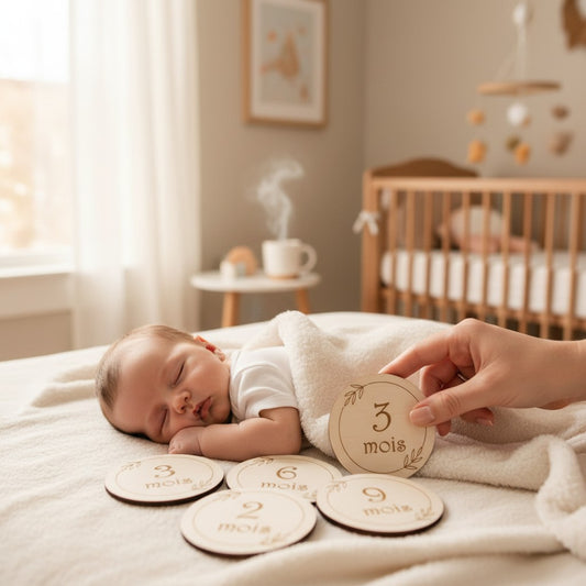 Cartes étapes personnalisées en bois gravé | Souvenir de bébé - mes premiers mois