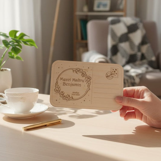 Carte postale de remerciement en bois gravé, personnalisée avec magnet | Cadeau maître, maîtresse, ATSEM, AESH