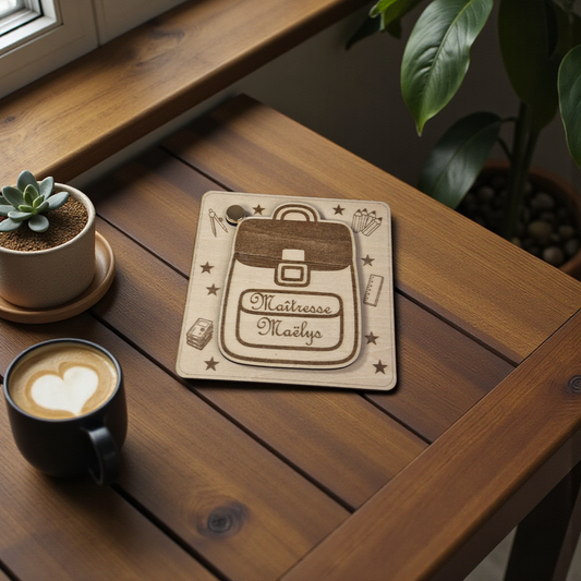 Carte cadeau en bois gravée et personnalisée - pour maître, maîtresse et ATSEM - cadeau de fin d'année - décor cartable