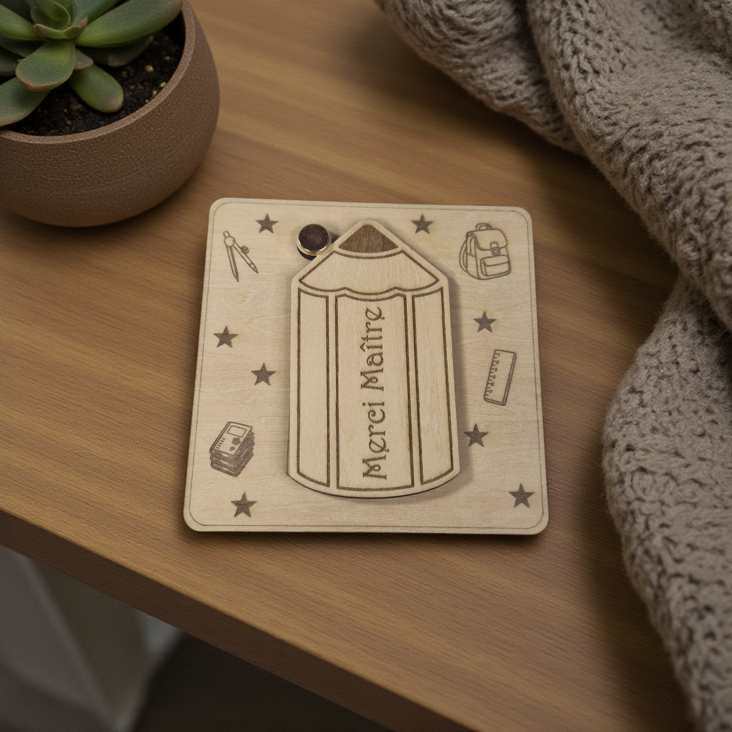 Carte cadeau en bois gravée et personnalisée - pour maître, maîtresse et ATSEM - cadeau de fin d'année - décor crayon