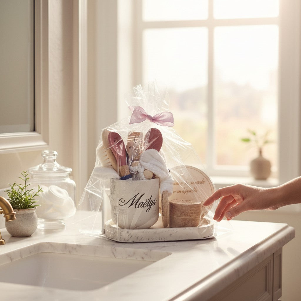 Coffret de naissance - cadeau personnalisé bébé et maman à composer, avec pot et plateau en Jesmonite | Idée cadeau baby shower ou baptême