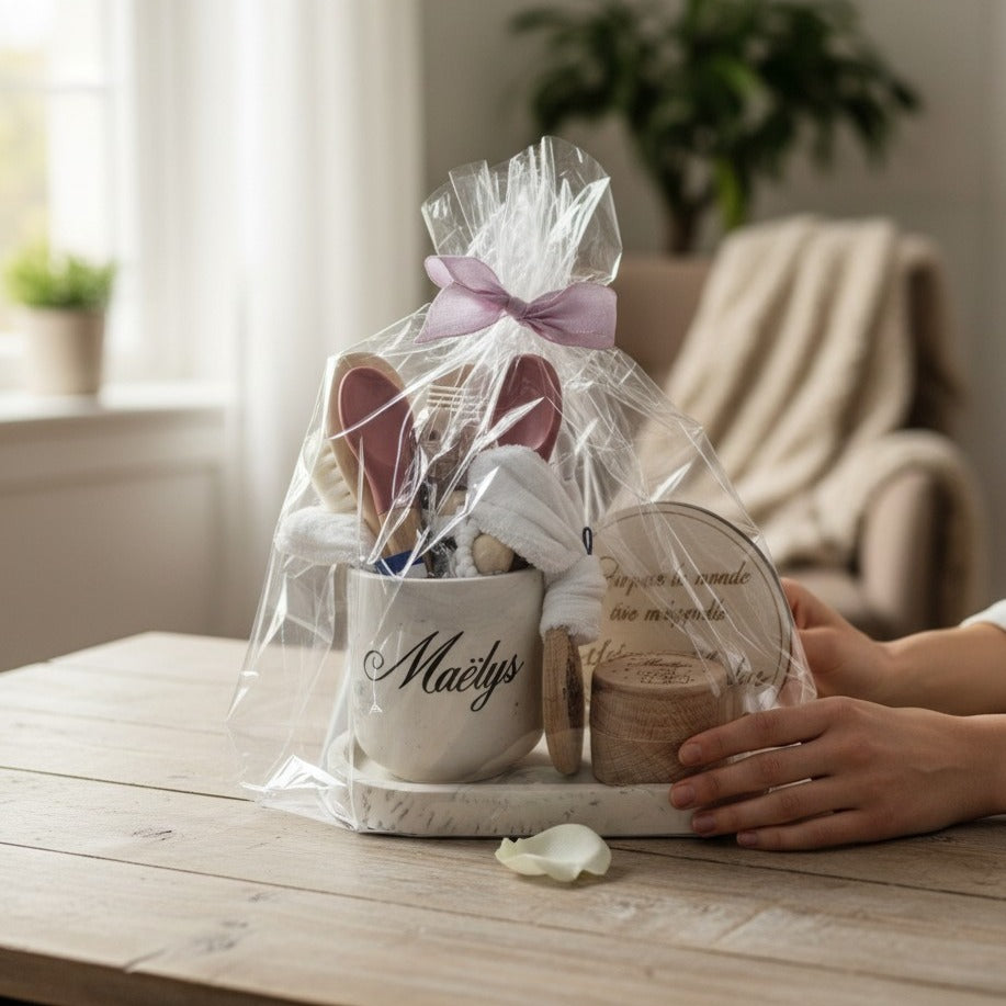 Coffret de naissance - cadeau personnalisé bébé et maman à composer, avec pot et plateau en Jesmonite | Idée cadeau baby shower ou baptême
